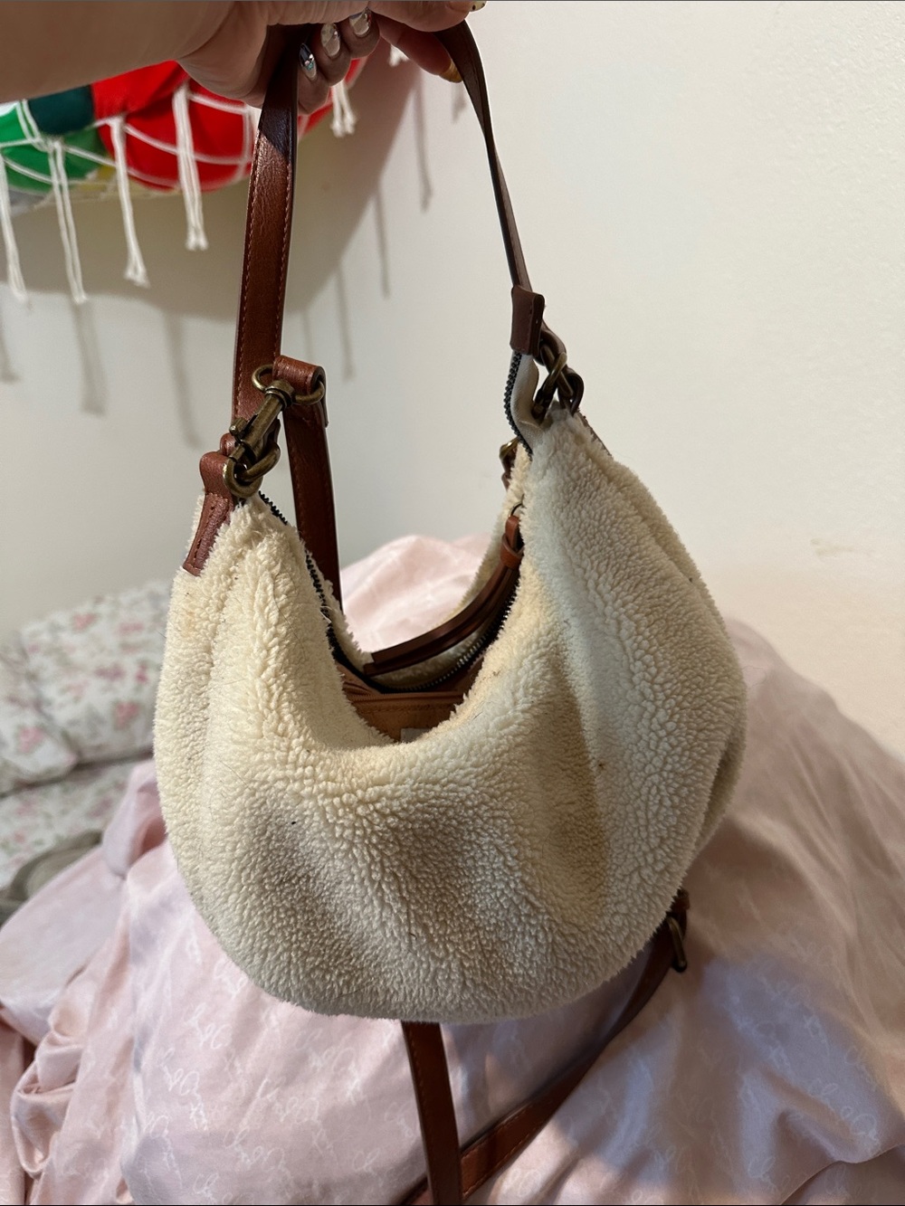 Womens Shearling Hobo Bag with Brown Leather Strap